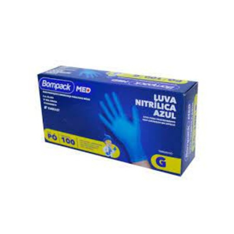 LUVA DESCARTAVEL NITRILICA BOMPACK AZUL SEM PO  GG 100Un