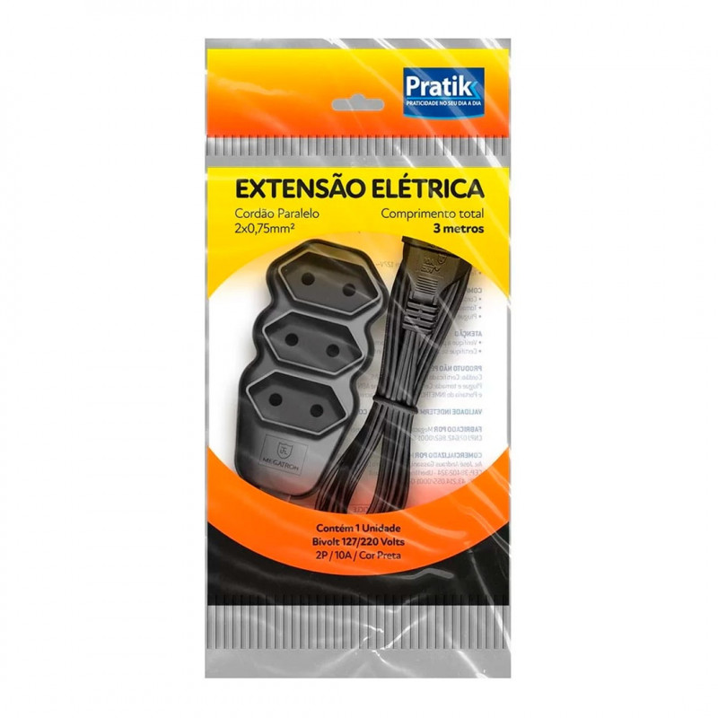 EXTENSAO PRATIK 3m BRANCA 2 PINOS