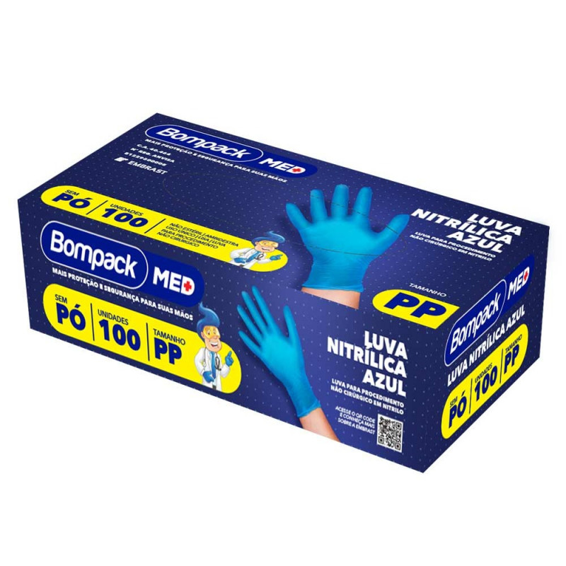 LUVA DESCARTAVEL NITRILICA BOMPACK AZUL  PP 100Un