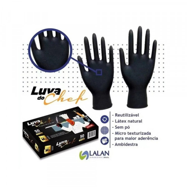 LUVA DESCARTAVEL LATEX PRETA DO CHEF G  50Un